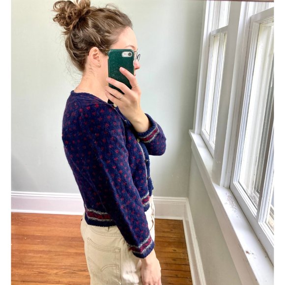 Vintage Crop Button Up Navy Blue Polka Dot Wool Cardigan Sweater - Picture 4 of 8